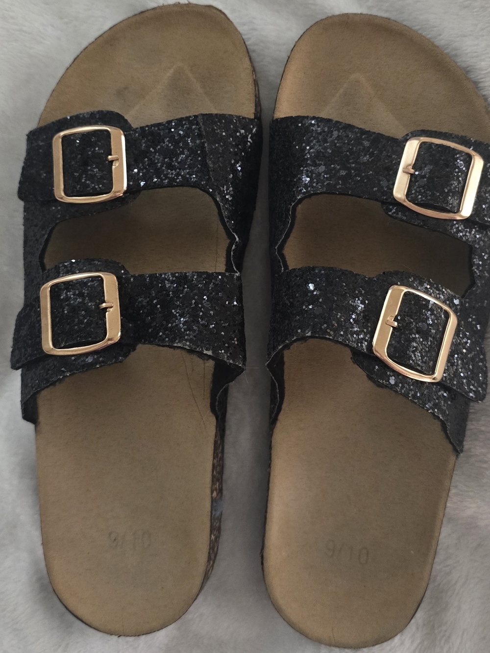 Women's Black Glitter Double-Buckle Slide Sandals